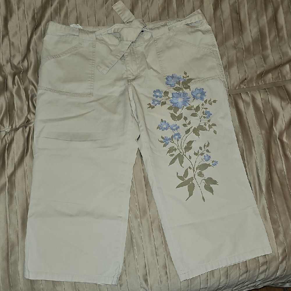 Daisy Fuentes Beige Cropped Jeans with Blue/Green Floral Pattern